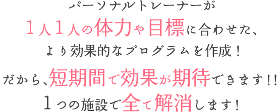 パーソナルトレーナーが1人1人の体力や目標に合わせた、より効果的なプログラムを作成！だから、短期間で効果が期待できます！！