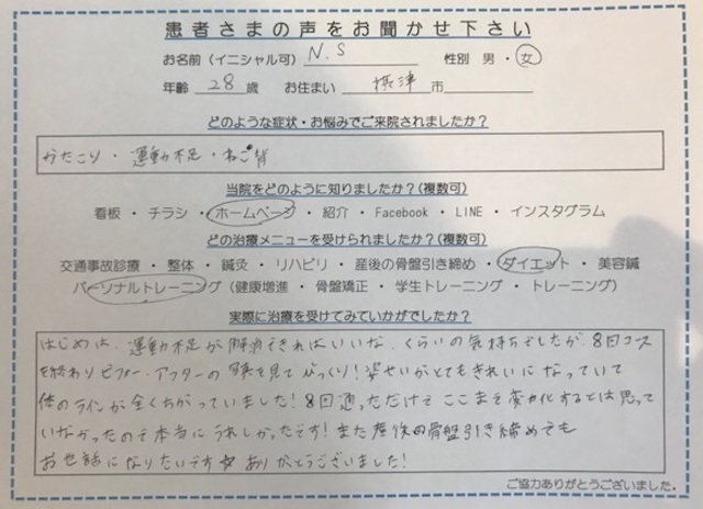 摂津市　28歳　女性　肩こり、運動不足、猫背でご来院のN.Sさん